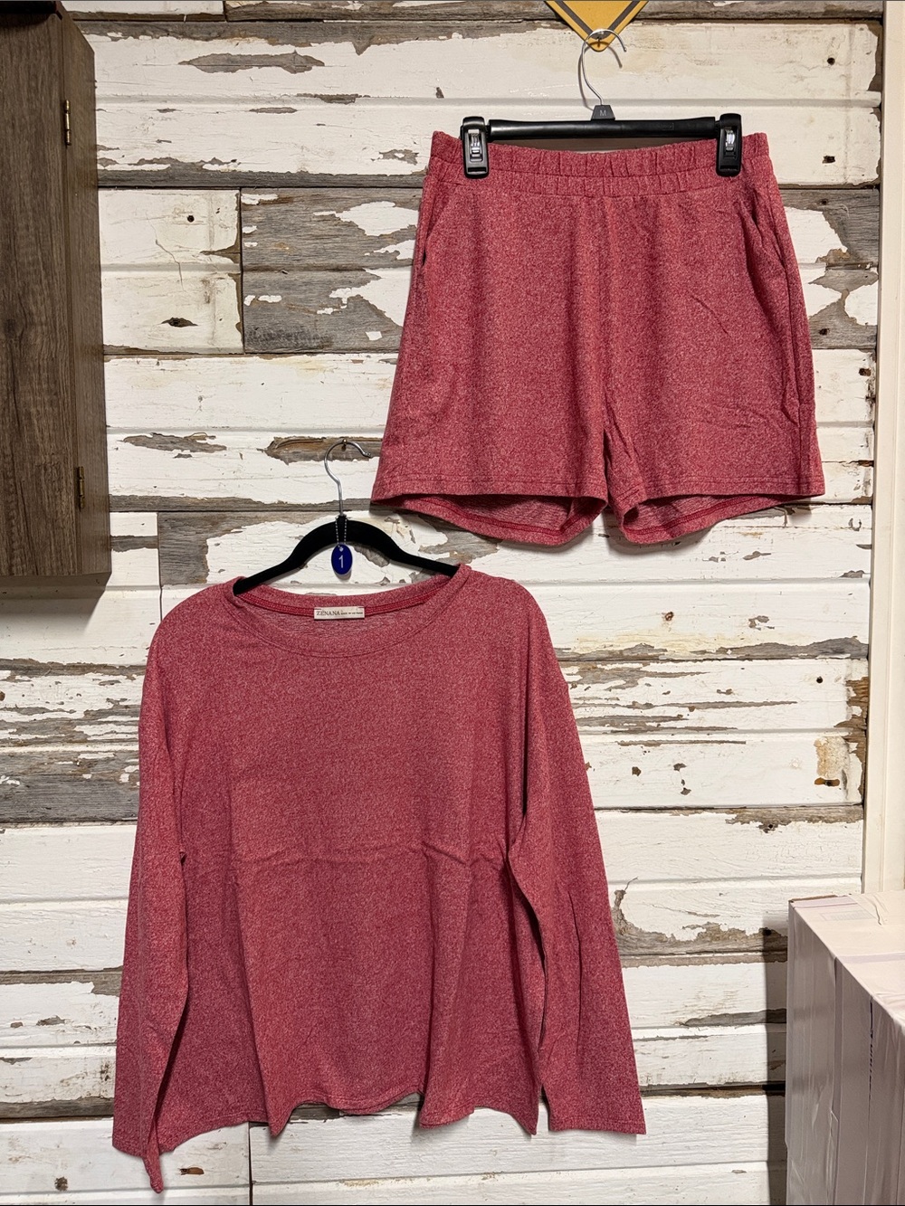 Zenana Outfitters Heather Rose Long Sleeve Knit Top and matching shorts set